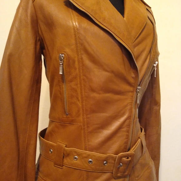 Ladies Medium Brown Leather Moto Jacket by Feminine Touch - Picture 2 of 16